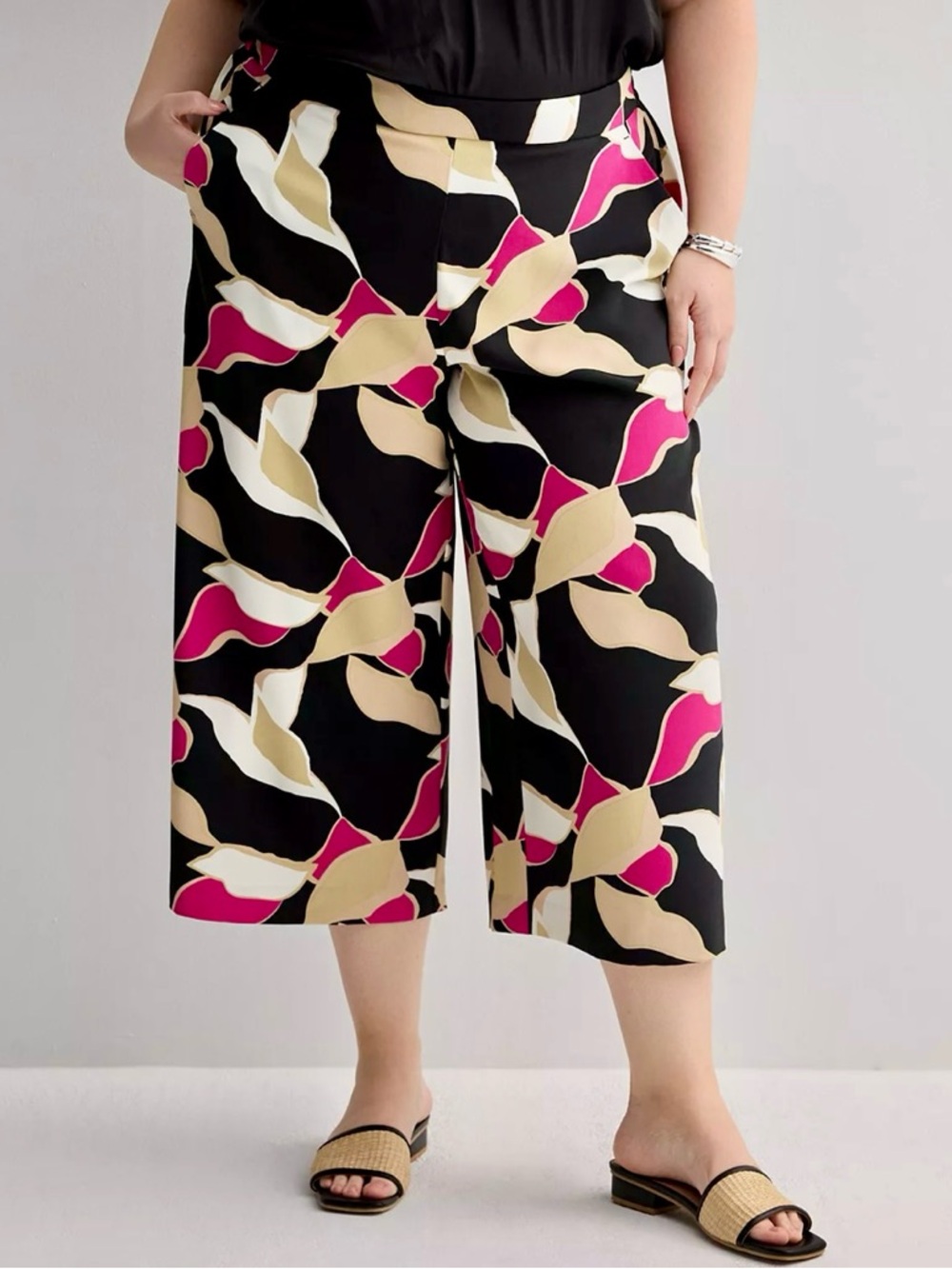 🖤 2XL Nine West Pull-On Wide Leg Cropped Pants NWT white tan abstract 20-22